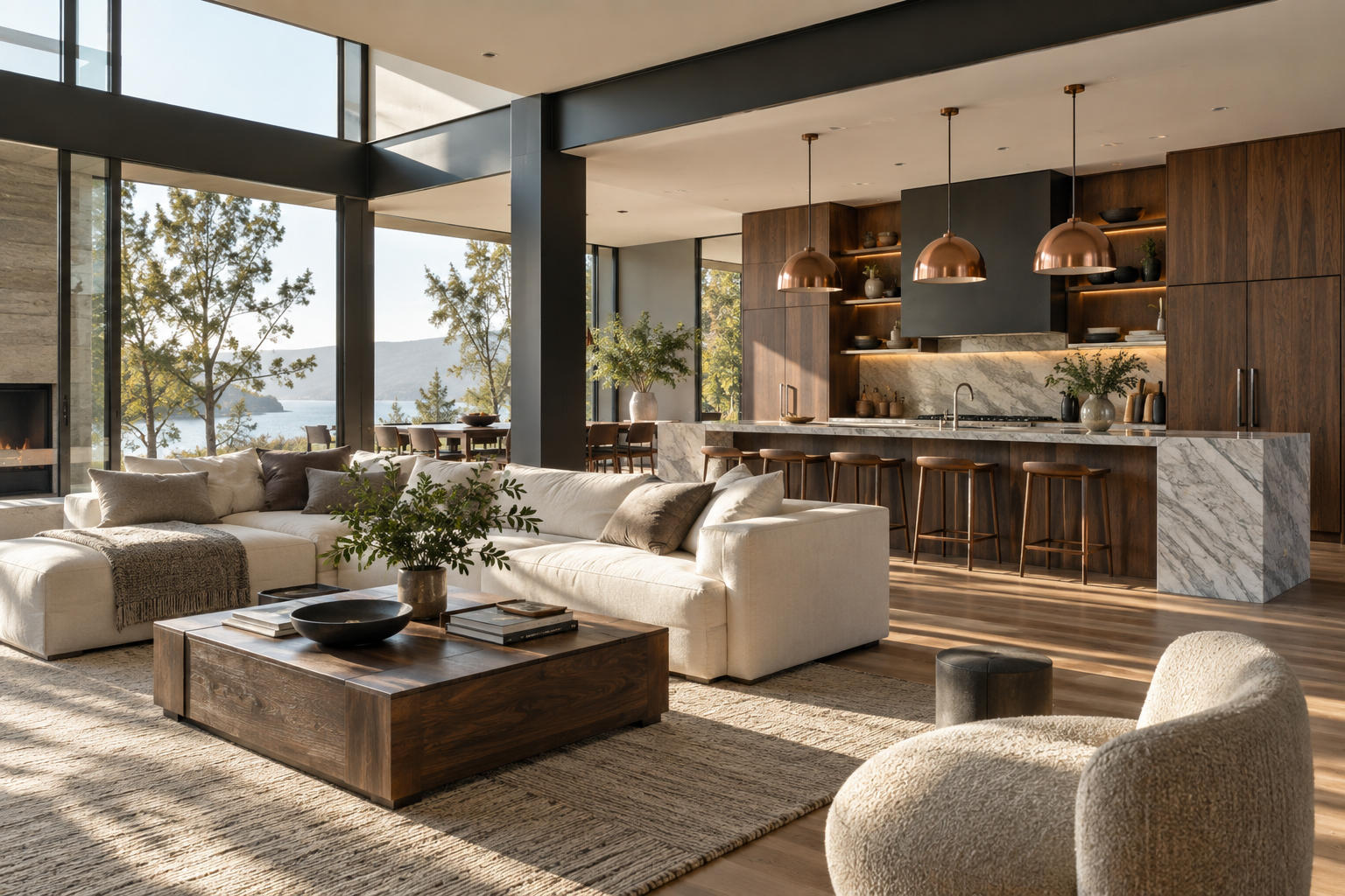 Concepto de sala y cocina renovadas con madera, mármol y detalles de cobre