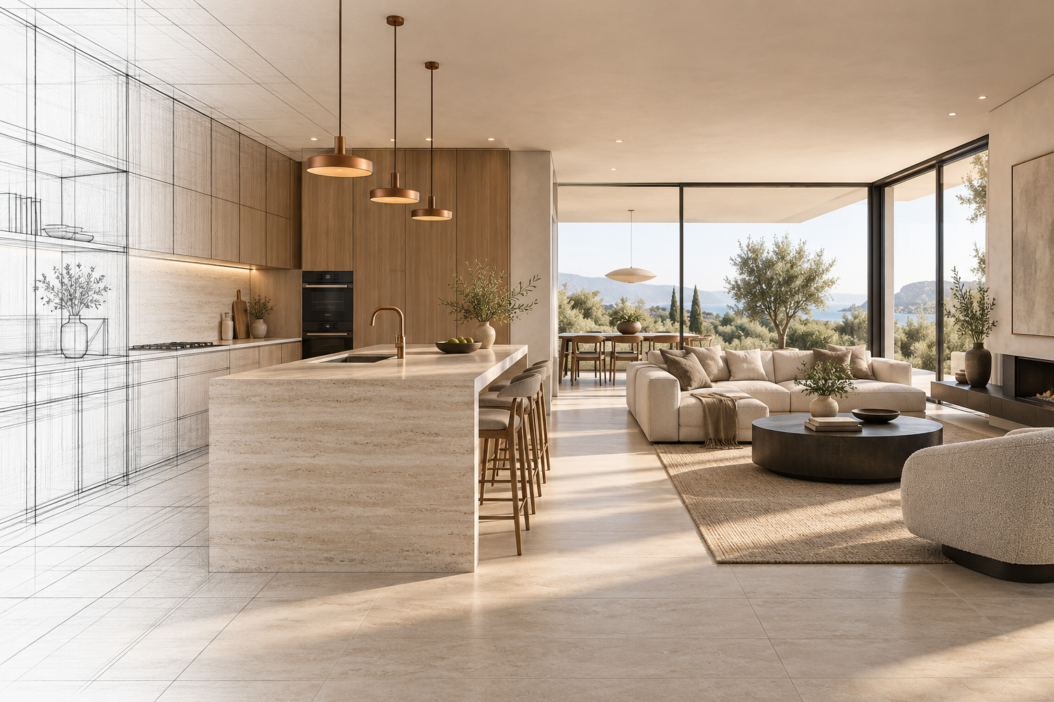 Visualización conceptual de una cocina y sala: el boceto se transforma en un interior con travertino, madera y detalles en cobre